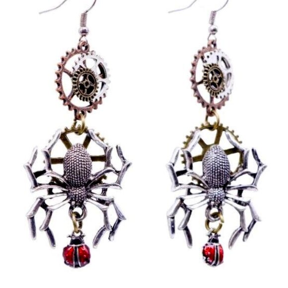 Silver Spider Gear Earrings - Picture 1 of 1